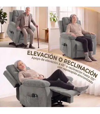 Sillón Relax Reclinable Eléctrico Levanta Personas con 8 Puntos Masaje y Calor Lumbar Puerto USB Mando Reposapiés Gris