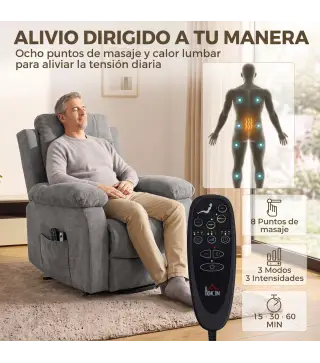 Sillón Relax Reclinable Eléctrico Levanta Personas con 8 Puntos Masaje y Calor Lumbar Puerto USB Mando Reposapiés Gris