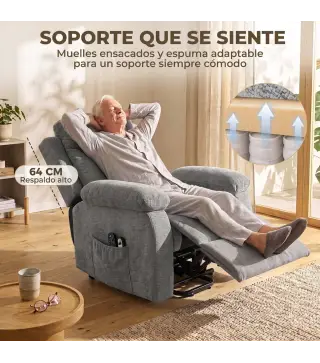 Sillón Relax Reclinable Eléctrico Levanta Personas con 8 Puntos Masaje y Calor Lumbar Puerto USB Mando Reposapiés Gris