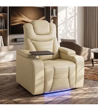 Sillón Relax Reclinable Eléctrico Calor Lumbar Masaje Vibración Luz LED Reposapiés Puertos USB y Type-C Blanco Crema