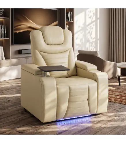 Sillón Relax Reclinable Eléctrico Calor Lumbar Masaje Vibración Luz LED Reposapiés Puertos USB y Type-C Blanco Crema