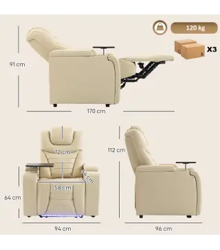 Sillón Relax Reclinable Eléctrico Calor Lumbar Masaje Vibración Luz LED Reposapiés Puertos USB y Type-C Blanco Crema