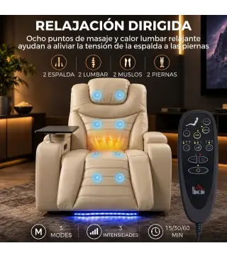Sillón Relax Reclinable Eléctrico Calor Lumbar Masaje Vibración Luz LED Reposapiés Puertos USB y Type-C Blanco Crema