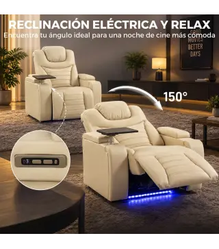 Sillón Relax Reclinable Eléctrico Calor Lumbar Masaje Vibración Luz LED Reposapiés Puertos USB y Type-C Blanco Crema