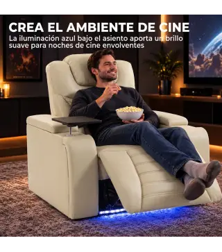 Sillón Relax Reclinable Eléctrico Calor Lumbar Masaje Vibración Luz LED Reposapiés Puertos USB y Type-C Blanco Crema