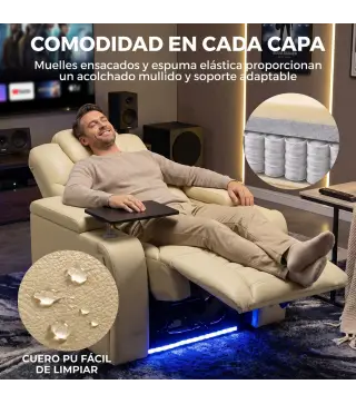 Sillón Relax Reclinable Eléctrico Calor Lumbar Masaje Vibración Luz LED Reposapiés Puertos USB y Type-C Blanco Crema