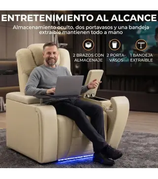 Sillón Relax Reclinable Eléctrico Calor Lumbar Masaje Vibración Luz LED Reposapiés Puertos USB y Type-C Blanco Crema