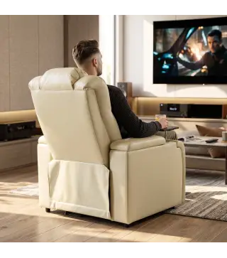 Sillón Relax Reclinable Eléctrico Calor Lumbar Masaje Vibración Luz LED Reposapiés Puertos USB y Type-C Blanco Crema