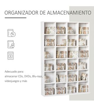 Estantería para 456 CDs y 336 DVDs con 24 Compartimentos Estantes Ajustables para Salón Oficina 89x20x130,5 cm Blanco