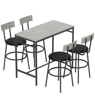 Juego de Mesa Alta de Bar y 4 Taburetes Asientos Tapizados en PU con Respaldo y Reposapiés Gris Claro