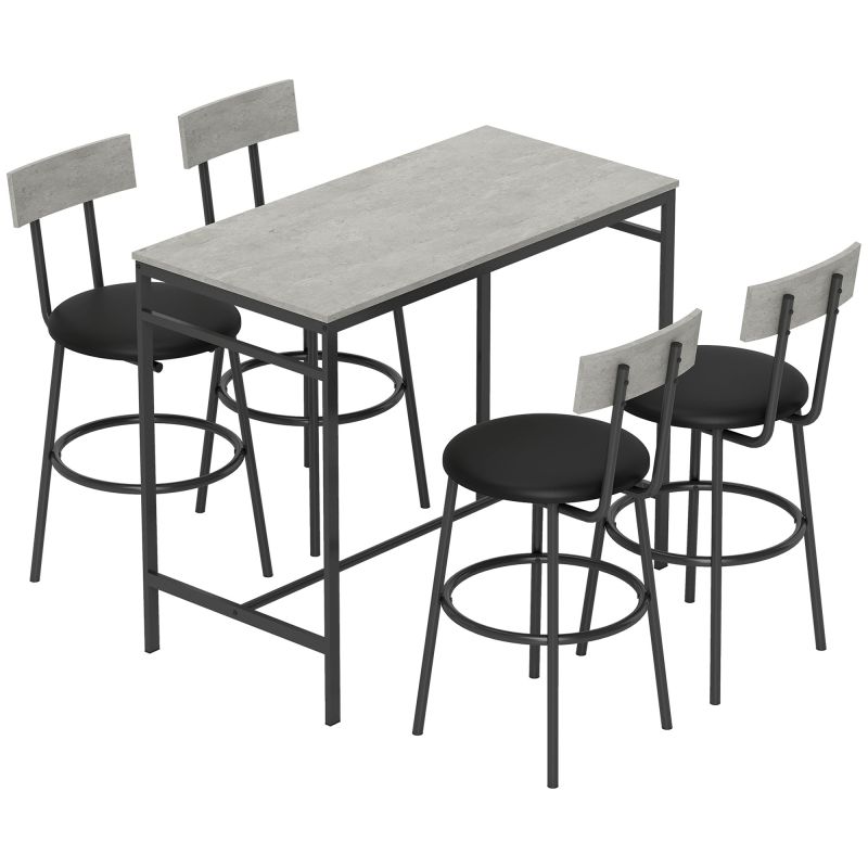 Juego de Mesa Alta de Bar y 4 Taburetes Asientos Tapizados en PU con Respaldo y Reposapiés Gris Claro Juego de Mesa Alta de Bar y 4 Taburetes Asientos Tapizados en PU con Respaldo y Reposapiés Gris Claro
