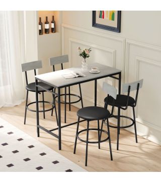 Juego de Mesa Alta de Bar y 4 Taburetes Asientos Tapizados en PU con Respaldo y Reposapiés Gris Claro