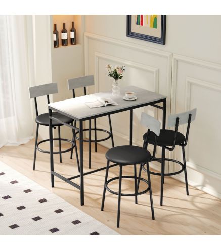 Juego de Mesa Alta de Bar y 4 Taburetes Asientos Tapizados en PU con Respaldo y Reposapiés Gris Claro