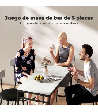Juego de Mesa Alta de Bar y 4 Taburetes Asientos Tapizados en PU con Respaldo y Reposapiés Gris Claro
