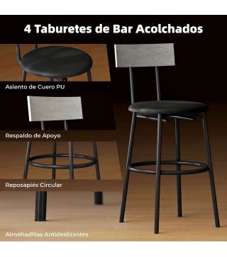 Juego de Mesa Alta de Bar y 4 Taburetes Asientos Tapizados en PU con Respaldo y Reposapiés Gris Claro