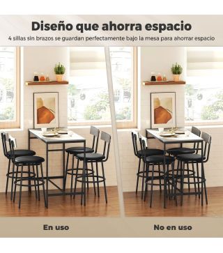 Juego de Mesa Alta de Bar y 4 Taburetes Asientos Tapizados en PU con Respaldo y Reposapiés Gris Claro
