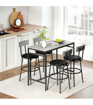Juego de Mesa Alta de Bar y 4 Taburetes Asientos Tapizados en PU con Respaldo y Reposapiés Gris Claro