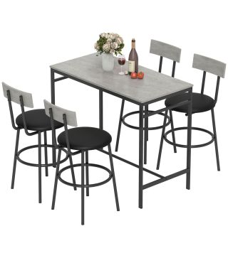 Juego de Mesa Alta de Bar y 4 Taburetes Asientos Tapizados en PU con Respaldo y Reposapiés Gris Claro