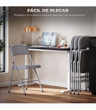 Juego de 4 Sillas Plegables Tapizadas en Terciopelo Estructura de Acero con Respaldo para Espacios Pequeños Gris Claro