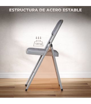 Juego de 4 Sillas Plegables Tapizadas en Terciopelo Estructura de Acero con Respaldo para Espacios Pequeños Gris Claro