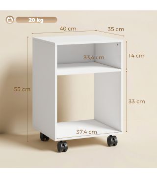 Mueble para Impresora con Ruedas 2 Estantes Abiertos para Documentos Tamaño A4 para Oficina en Casa Blanco