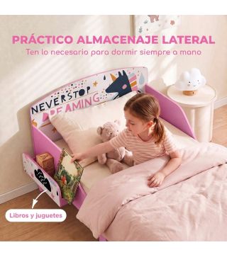Cama Infantil con Almacenaje 70x140 cm Cama Montessori con Barandillas Tema de Superniña 3-8 Años Rosa
