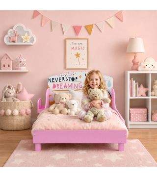 Cama Infantil con Almacenaje 70x140 cm Cama Montessori con Barandillas Tema de Superniña 3-8 Años Rosa
