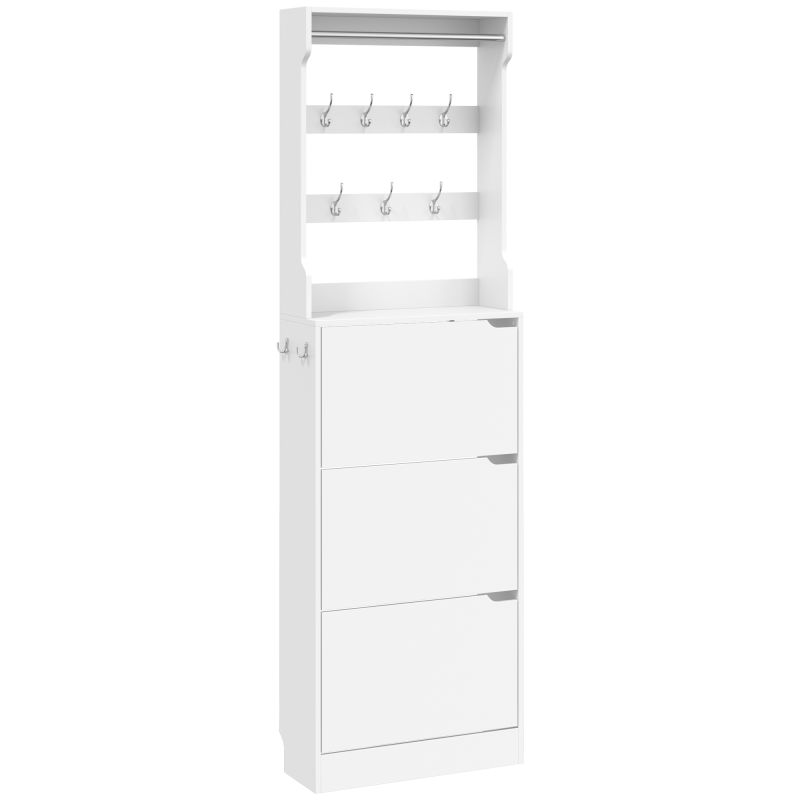Perchero Zapatero con 3 Cajones Abatibles 9 Ganchos Estante Superior y Barra de Acero Inoxidable para Pasillo Blanco Perchero Zapatero con 3 Cajones Abatibles 9 Ganchos Estante Superior y Barra de Acero Inoxidable para Pasillo Blanco