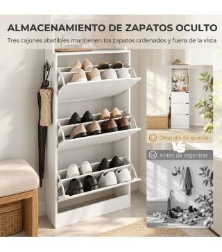 Perchero Zapatero con 3 Cajones Abatibles 9 Ganchos Estante Superior y Barra de Acero Inoxidable para Pasillo Blanco