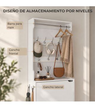 Perchero Zapatero con 3 Cajones Abatibles 9 Ganchos Estante Superior y Barra de Acero Inoxidable para Pasillo Blanco