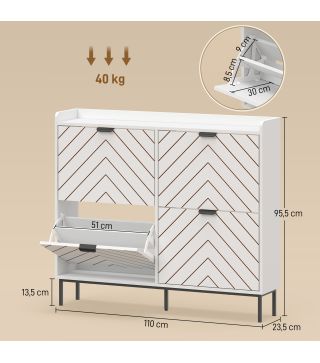 Zapatero Estrecho con 4 Cajones Abatibles y Divisores Ajustables para 8-16 Pares Blanco