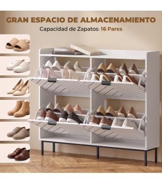 Zapatero Estrecho con 4 Cajones Abatibles y Divisores Ajustables para 8-16 Pares Blanco