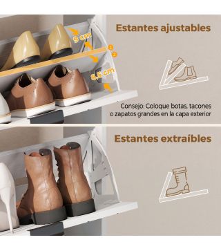 Zapatero Estrecho con 4 Cajones Abatibles y Divisores Ajustables para 8-16 Pares Blanco