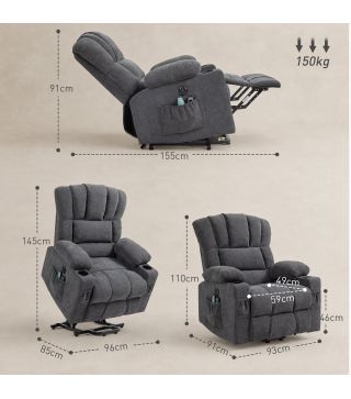 Sillón Relax Reclinable Eléctrico Levanta Personas con Masaje y Calor Lumbar Asiento con Muelles Puerto USB de Chenilla