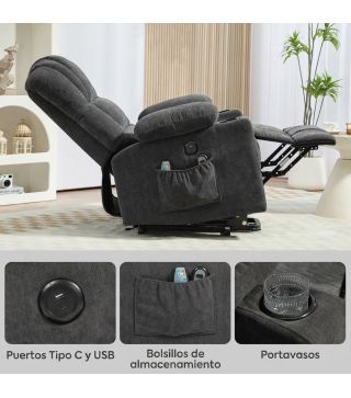 Sillón Relax Reclinable Eléctrico Levanta Personas con Masaje y Calor Lumbar Asiento con Muelles Puerto USB de Chenilla