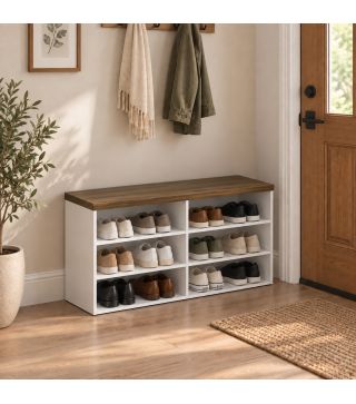 Banco Zapatero con Asiento 6 Compartimentos Abiertos y 4 Estantes Ajustables 100x30x50 cm para Entrada Blanco y Nogal