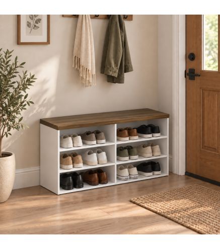 Banco Zapatero con Asiento 6 Compartimentos Abiertos y 4 Estantes Ajustables 100x30x50 cm para Entrada Blanco y Nogal