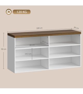 Banco Zapatero con Asiento 6 Compartimentos Abiertos y 4 Estantes Ajustables 100x30x50 cm para Entrada Blanco y Nogal