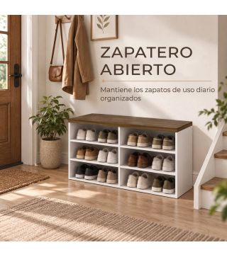 Banco Zapatero con Asiento 6 Compartimentos Abiertos y 4 Estantes Ajustables 100x30x50 cm para Entrada Blanco y Nogal