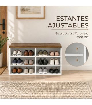 Banco Zapatero con Asiento 6 Compartimentos Abiertos y 4 Estantes Ajustables 100x30x50 cm para Entrada Blanco y Nogal