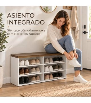 Banco Zapatero con Asiento 6 Compartimentos Abiertos y 4 Estantes Ajustables 100x30x50 cm para Entrada Blanco y Nogal