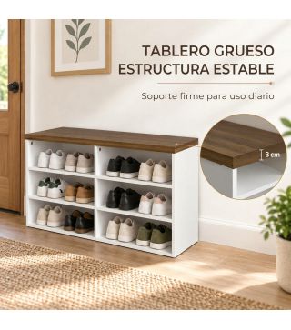 Banco Zapatero con Asiento 6 Compartimentos Abiertos y 4 Estantes Ajustables 100x30x50 cm para Entrada Blanco y Nogal
