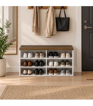 Banco Zapatero con Asiento 6 Compartimentos Abiertos y 4 Estantes Ajustables 100x30x50 cm para Entrada Blanco y Nogal