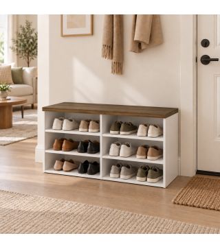 Banco Zapatero con Asiento 6 Compartimentos Abiertos y 4 Estantes Ajustables 100x30x50 cm para Entrada Blanco y Nogal