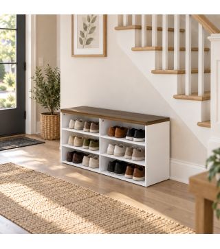 Banco Zapatero con Asiento 6 Compartimentos Abiertos y 4 Estantes Ajustables 100x30x50 cm para Entrada Blanco y Nogal