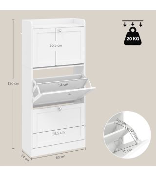 Zapatero Estrecho con 3 Cajones Abatibles Estantes Ajustables Armario Organizador para 12-15 Pares 60x24x130 cm Blanco