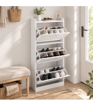 Zapatero Estrecho con 3 Cajones Abatibles Estantes Ajustables Armario Organizador para 12-15 Pares 60x24x130 cm Blanco