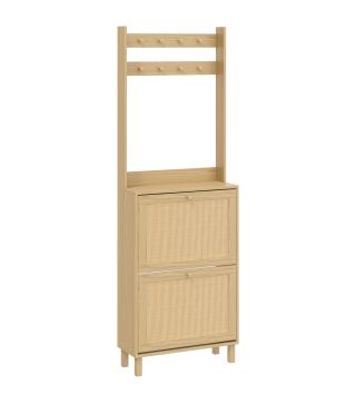 Perchero Zapatero con 2 Cajones Abatibles con Puertas de Ratán 8 Ganchos Estante Superior y Marco de Madera Natural