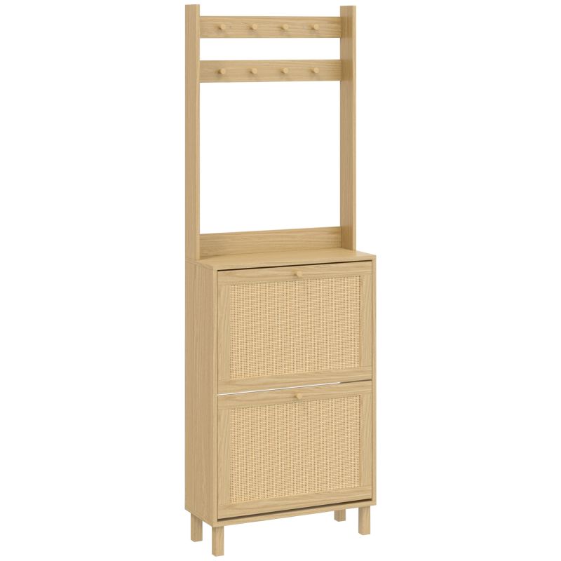 Perchero Zapatero con 2 Cajones Abatibles con Puertas de Ratán 8 Ganchos Estante Superior y Marco de Madera Natural Perchero Zapatero con 2 Cajones Abatibles con Puertas de Ratán 8 Ganchos Estante Superior y Marco de Madera Natural