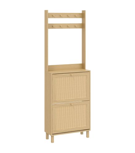 Perchero Zapatero con 2 Cajones Abatibles con Puertas de Ratán 8 Ganchos Estante Superior y Marco de Madera Natural